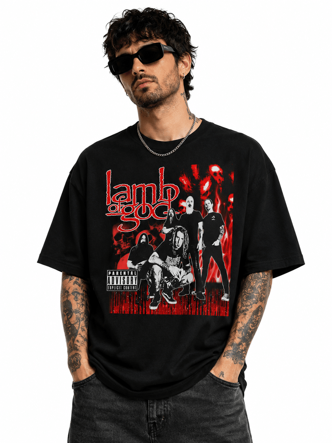 Lamb Of God Unisex Oversized Graphic T-Shirt  Blood Red Band Collage Chaos Design Male Model