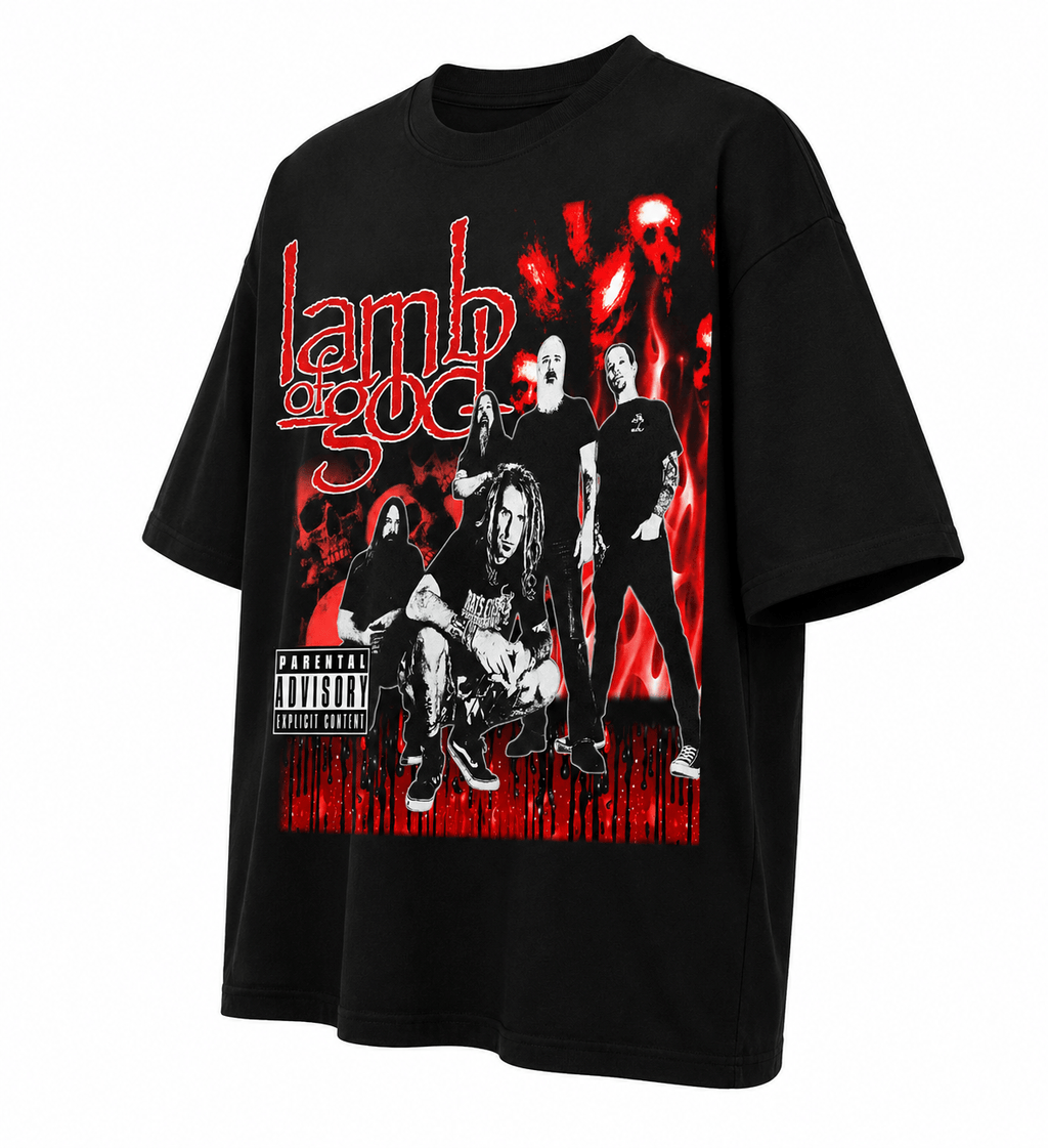 Lamb Of God Unisex Oversized Graphic T-Shirt  Blood Red Band Collage Chaos Design Side