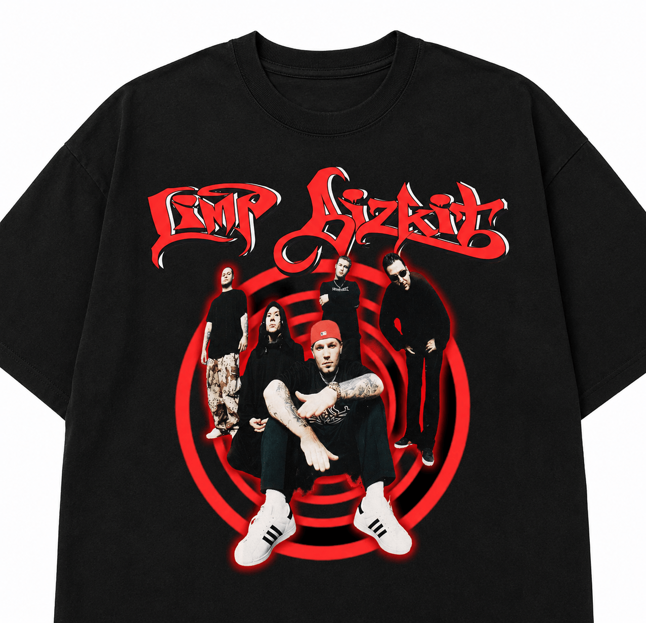 Limp Bizkit Unisex Oversized Graphic T-Shirt With Blood Red Graffiti Band Collage Design Close-Up