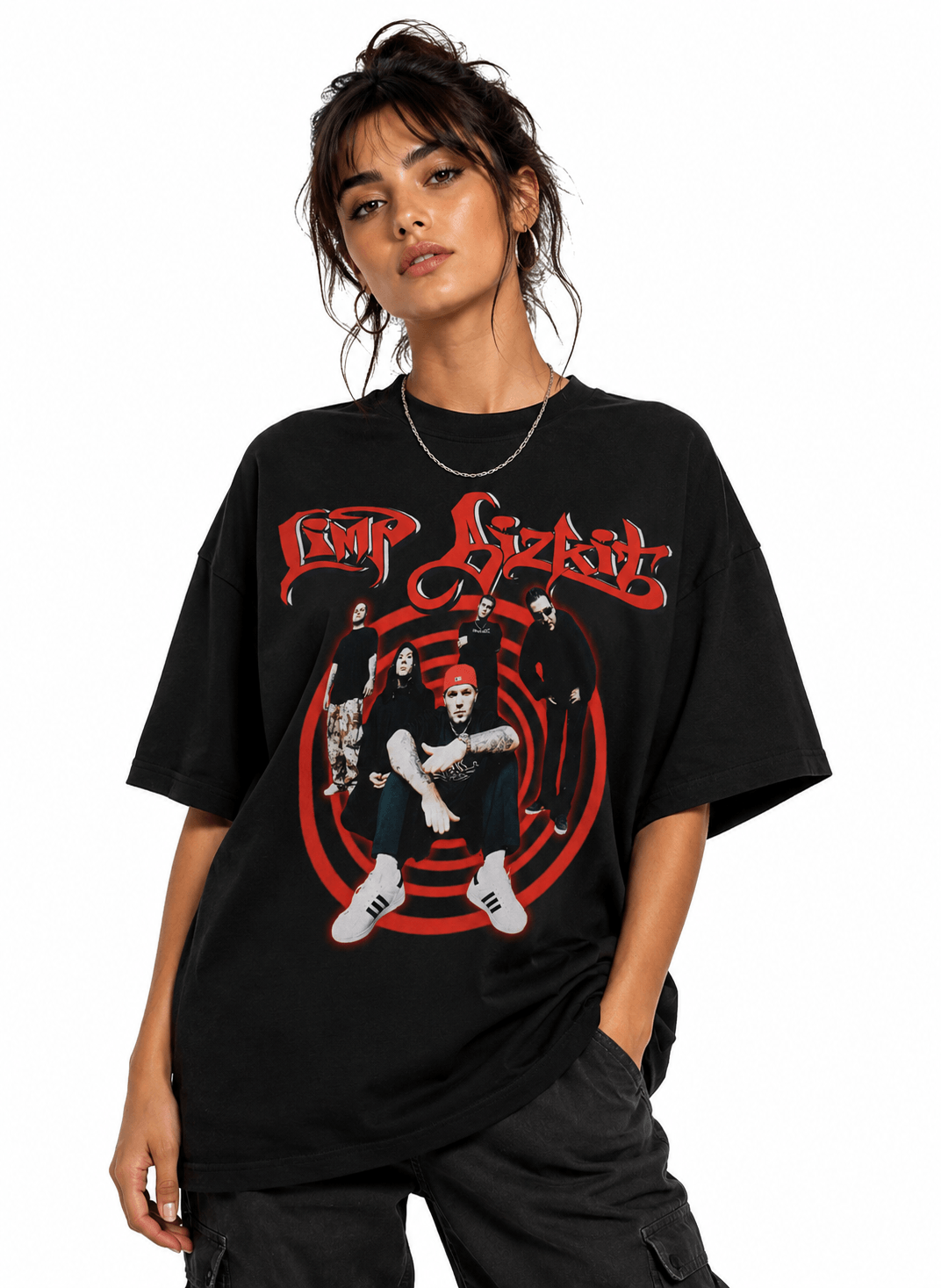 Limp Bizkit Unisex Oversized Graphic T-Shirt With Blood Red Graffiti Band Collage Design Female Model