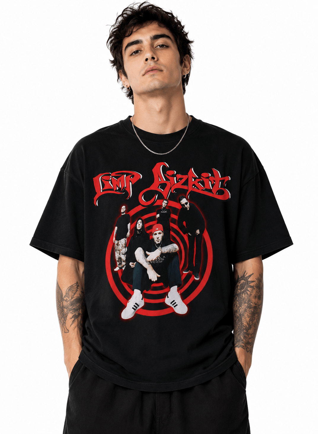 Limp Bizkit Unisex Oversized Graphic T-Shirt With Blood Red Graffiti Band Collage Design Male Model