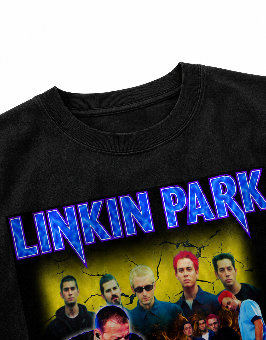 Linkin Park Black Unisex Oversized Graphic T-Shirt With Electric Blue Band Collage Chaos Design Close Up
