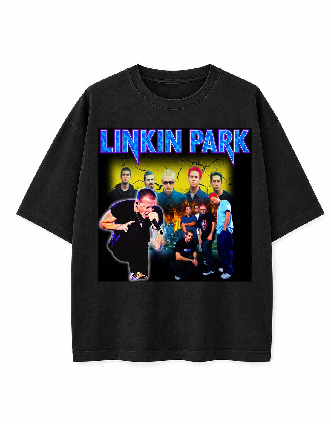 Linkin Park Black Unisex Oversized Graphic T-Shirt With Electric Blue Band Collage Chaos Design Front 