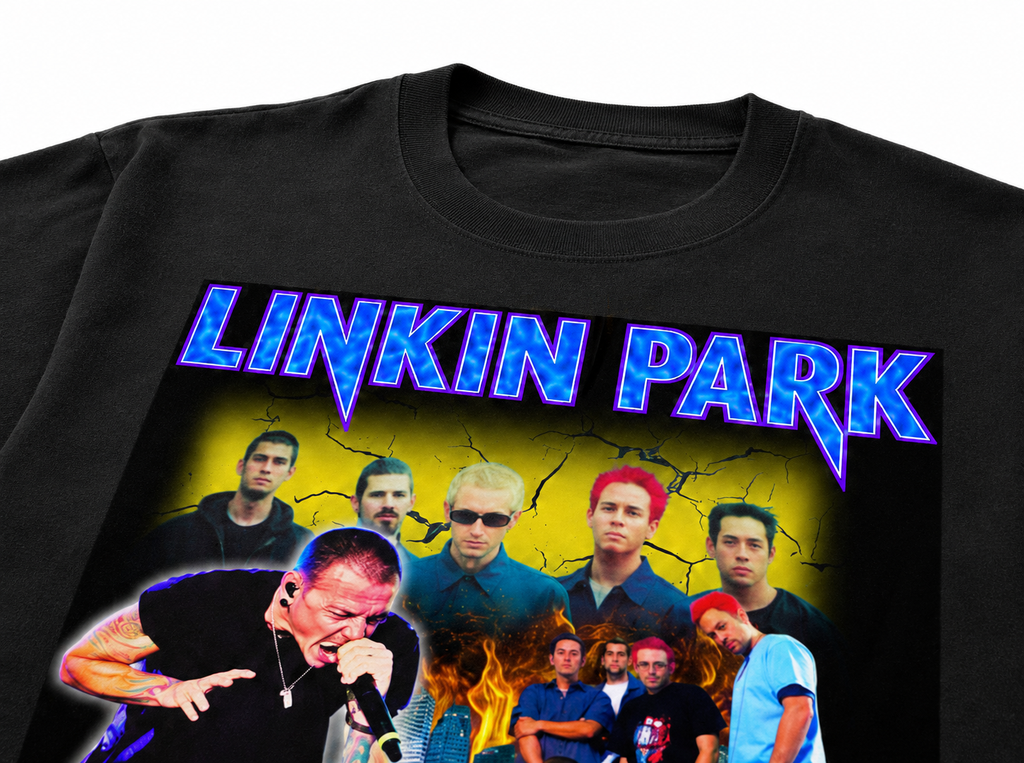 Linkin Park Black Unisex Oversized Graphic T-Shirt With Electric Blue Band Collage Chaos Design Detail