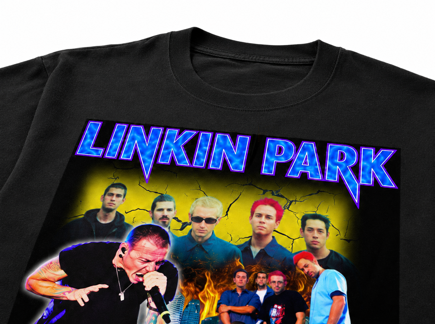 Linkin Park Black Unisex Oversized Graphic T-Shirt With Electric Blue Band Collage Chaos Design Detail