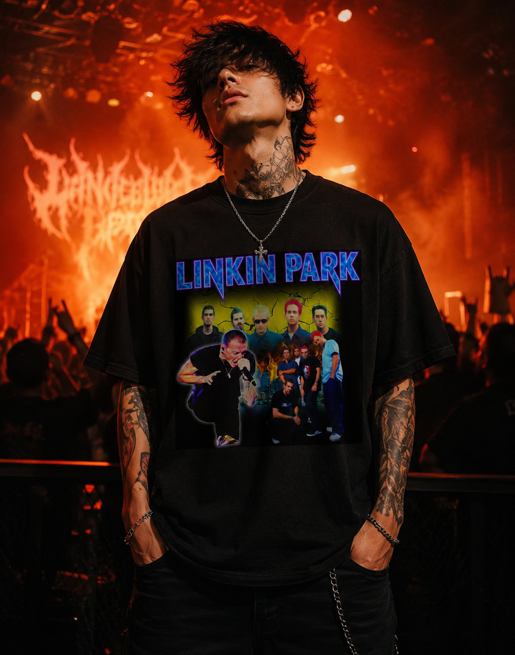 Linkin Park Black Unisex Oversized Graphic T-Shirt With Electric Blue Band Collage Chaos Design Lifestyle