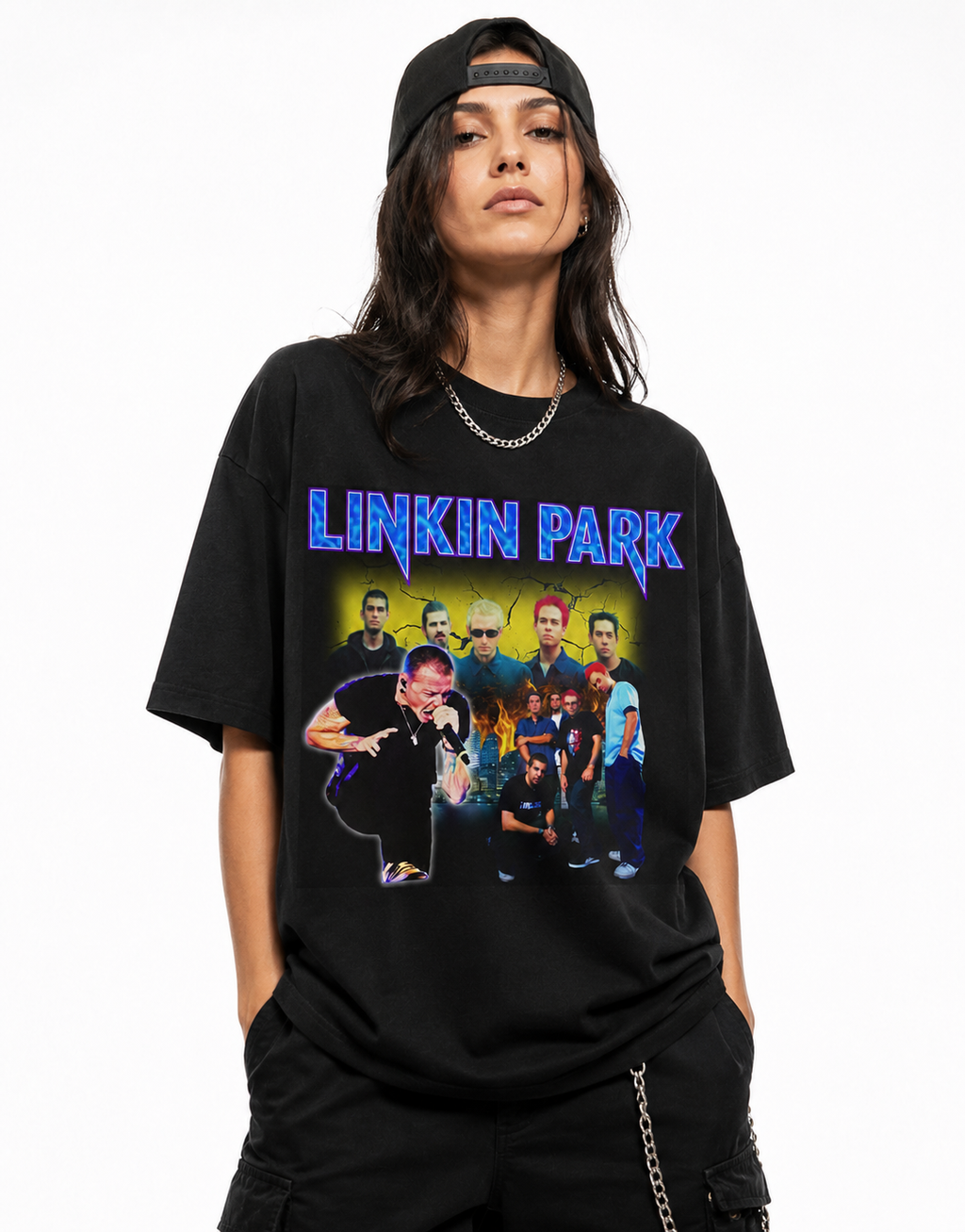 Linkin Park Black Unisex Oversized Graphic T-Shirt With Electric Blue Band Collage Chaos Design Model