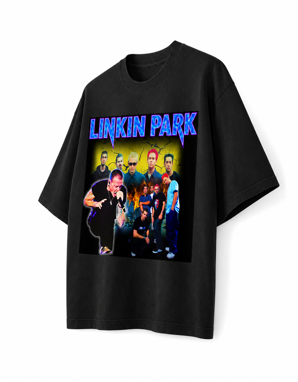 Linkin Park Black Unisex Oversized Graphic T-Shirt With Electric Blue Band Collage Chaos Design Side