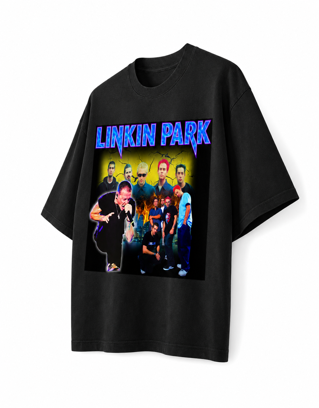Linkin Park Black Unisex Oversized Graphic T-Shirt With Electric Blue Band Collage Chaos Design Side