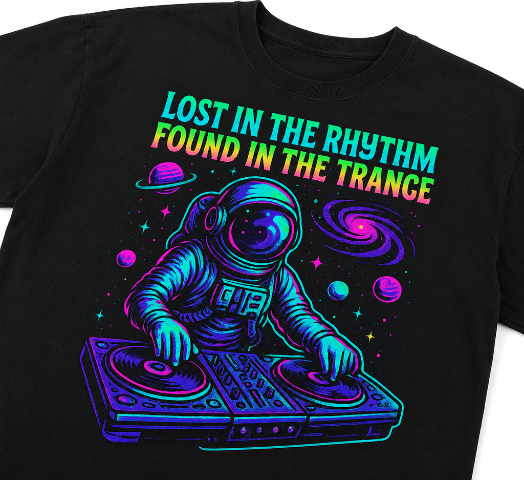 Lost In The Rhythm Unisex Oversized Graphic T-Shirt With Cosmic Purple Astronaut DJ Design Close Up