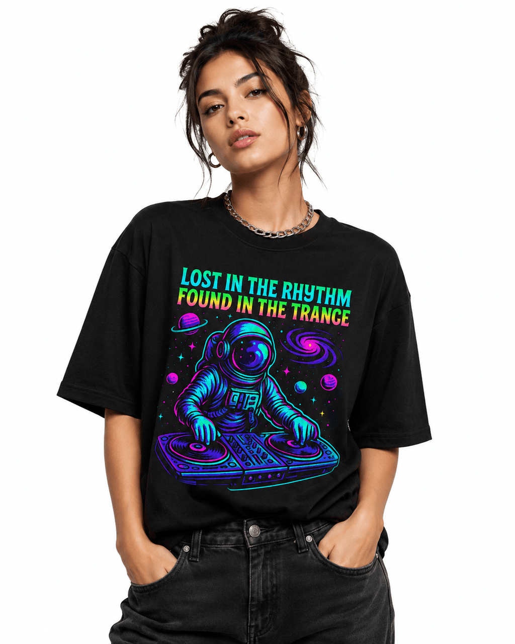 Lost In The Rhythm Unisex Oversized Graphic T-Shirt With Cosmic Purple Astronaut DJ Design Female Model