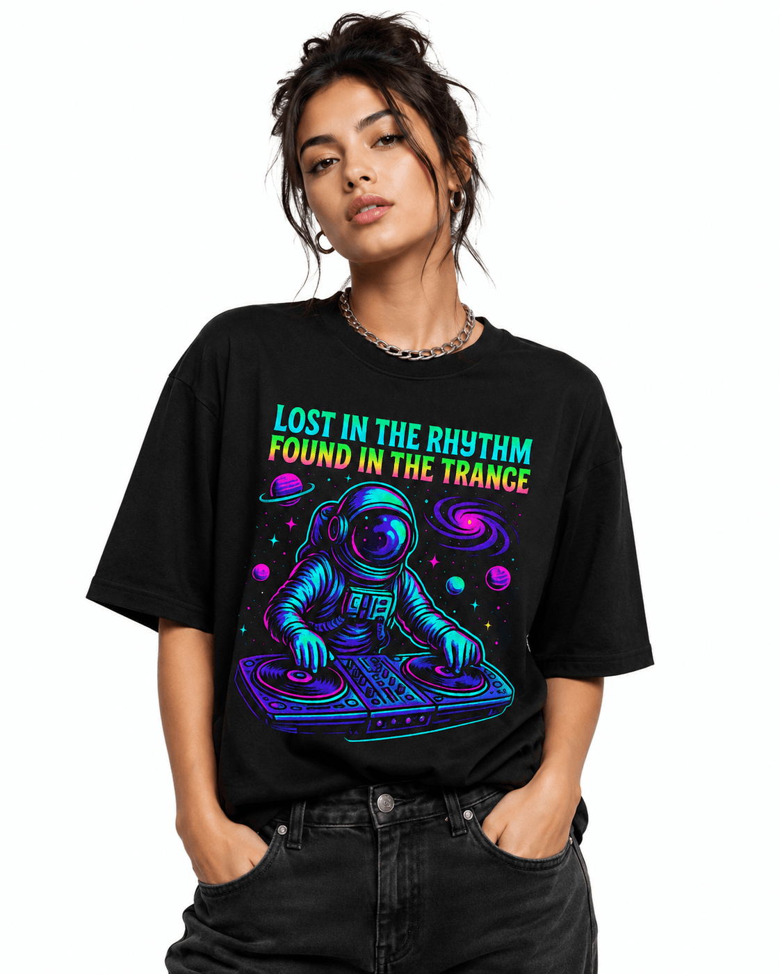 Lost In The Rhythm Unisex Oversized Graphic T-Shirt With Cosmic Purple Astronaut DJ Design Female Model