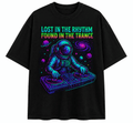 Lost In The Rhythm Unisex Oversized Graphic T-Shirt With Cosmic Purple Astronaut DJ Design Front