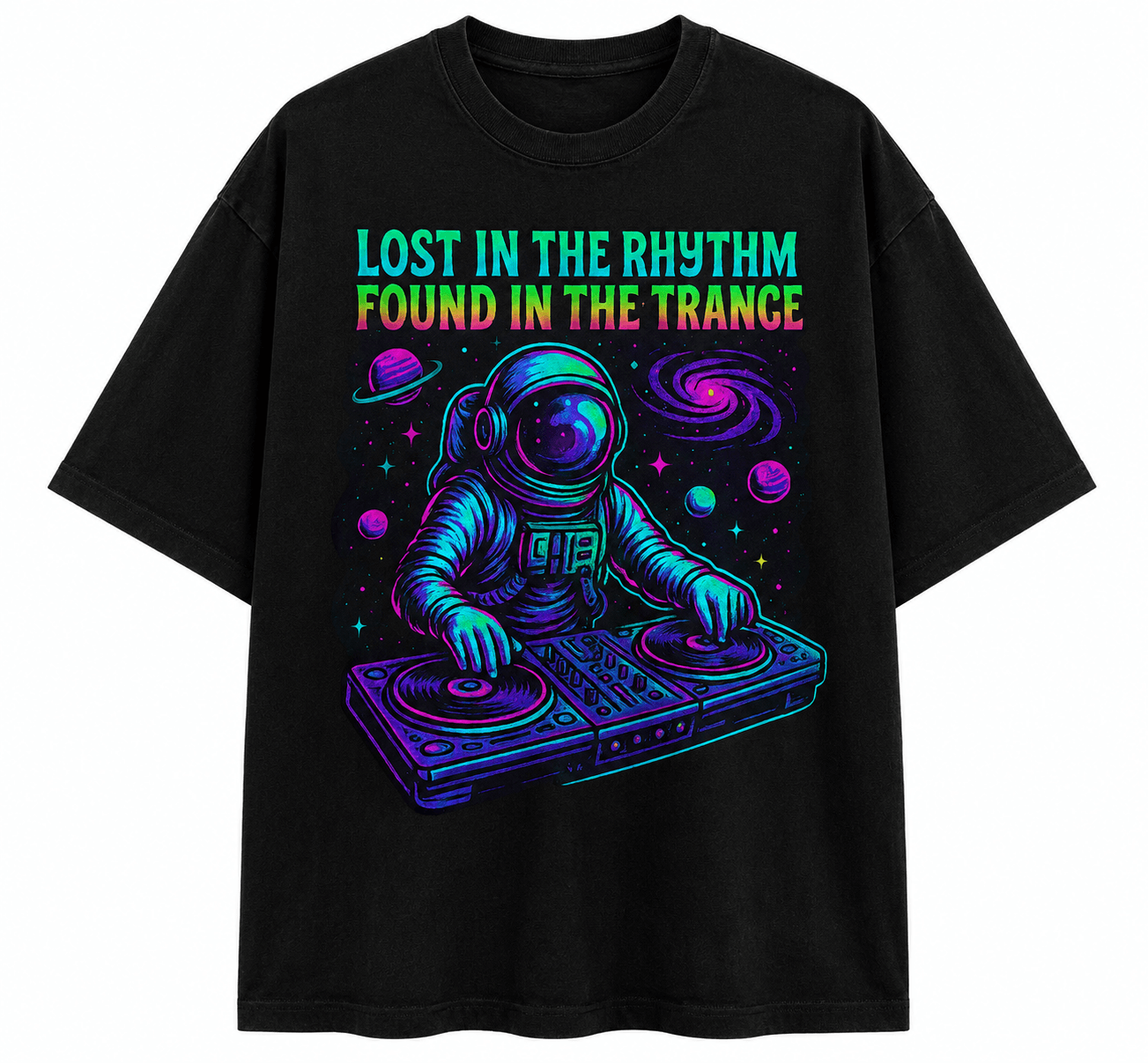 Lost In The Rhythm Unisex Oversized Graphic T-Shirt With Cosmic Purple Astronaut DJ Design Front