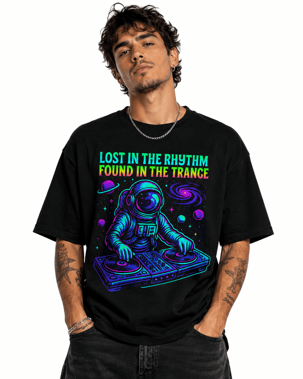 Lost In The Rhythm Unisex Oversized Graphic T-Shirt With Cosmic Purple Astronaut DJ Design Male Model
