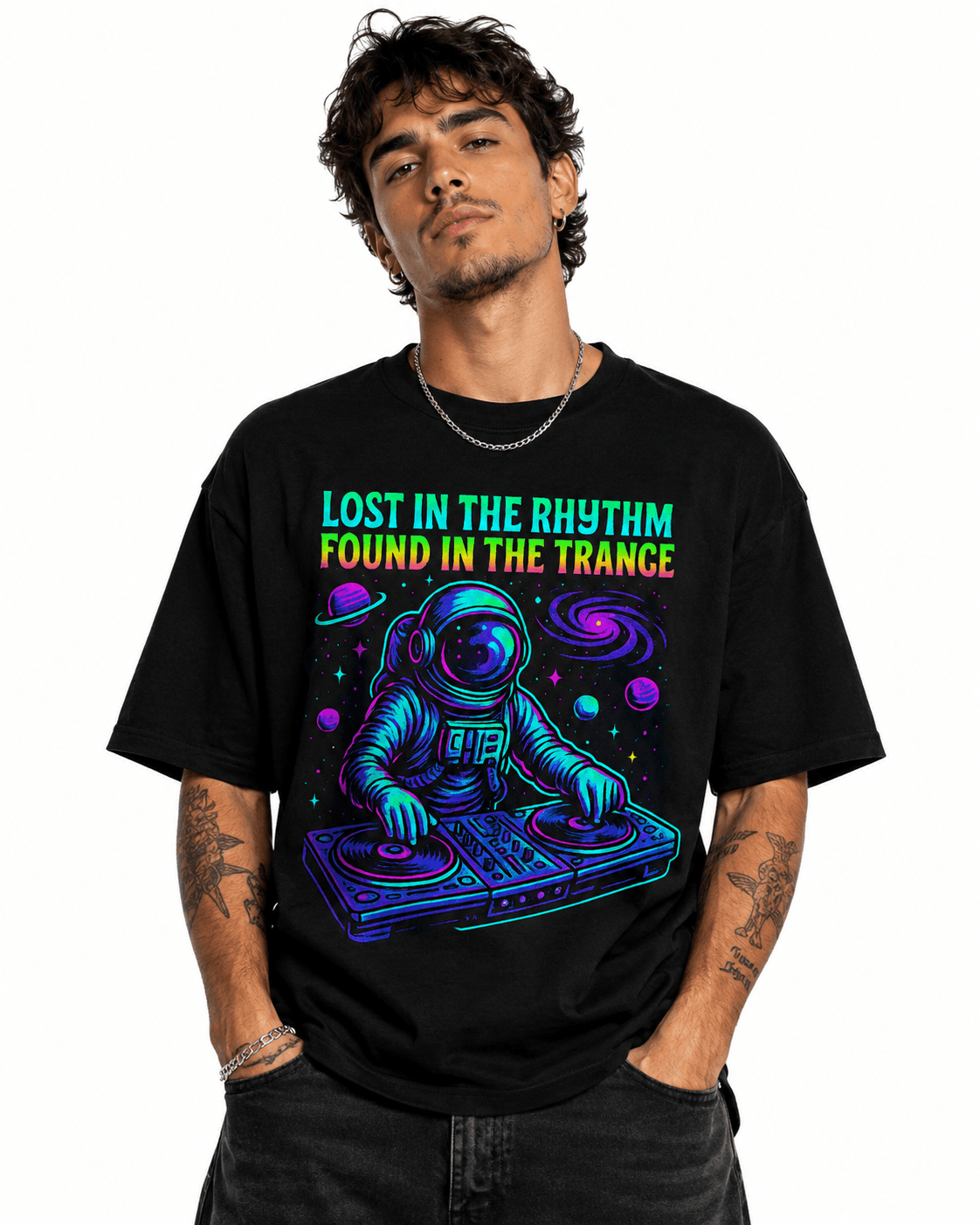 Lost In The Rhythm Unisex Oversized Graphic T-Shirt With Cosmic Purple Astronaut DJ Design Male Model