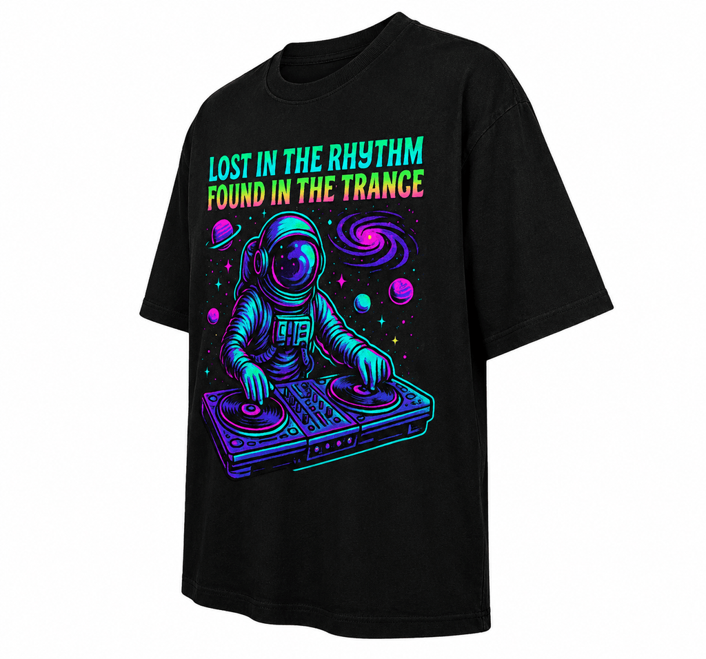 Lost In The Rhythm Unisex Oversized Graphic T-Shirt With Cosmic Purple Astronaut DJ Design Side