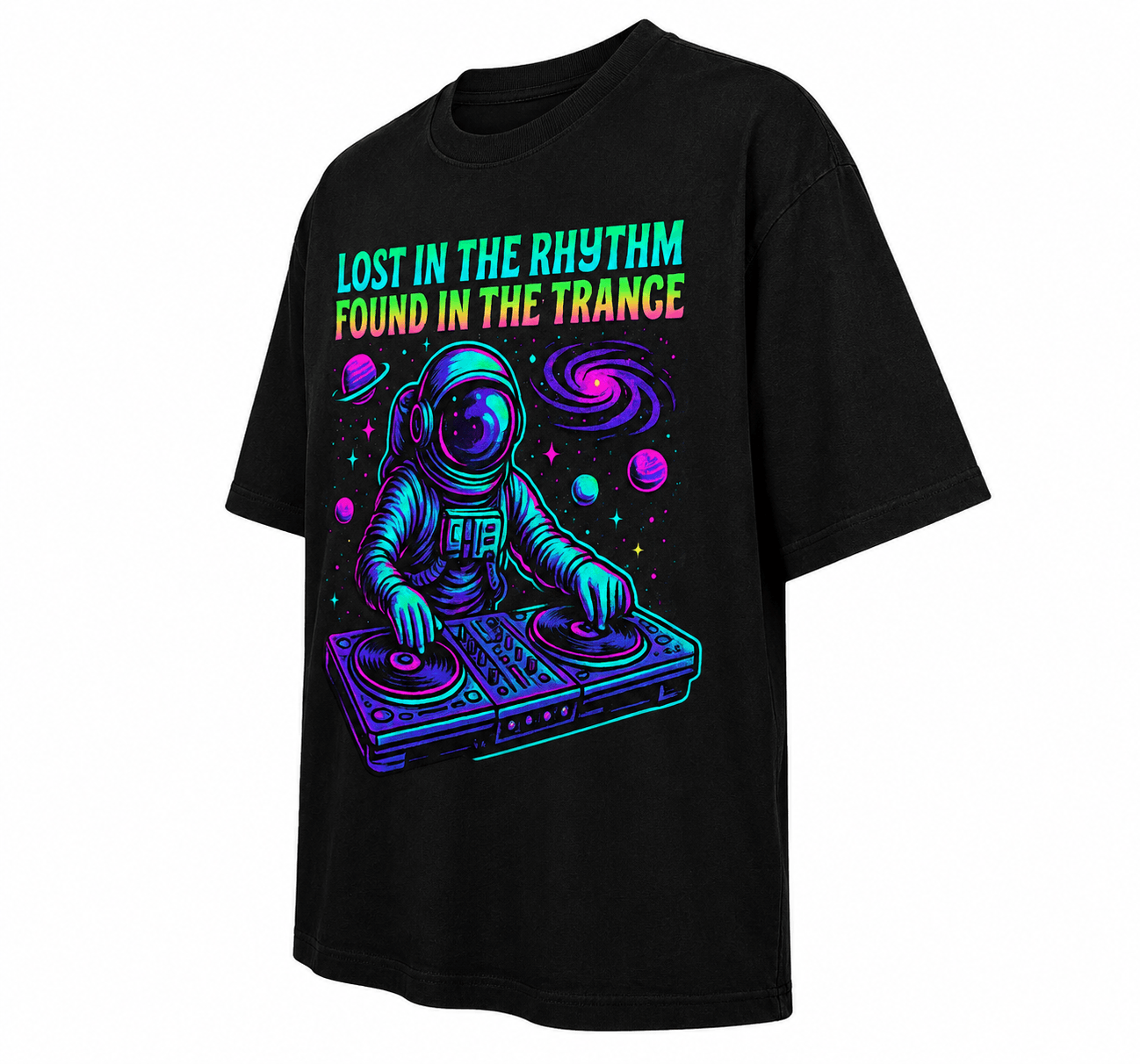 Lost In The Rhythm Unisex Oversized Graphic T-Shirt With Cosmic Purple Astronaut DJ Design Side