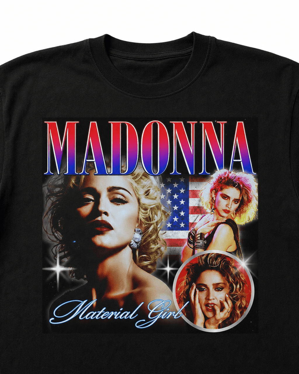 Madonna Unisex Oversized Graphic T-Shirt With Material Girl Red Blue Retro Y2K Design Close Up