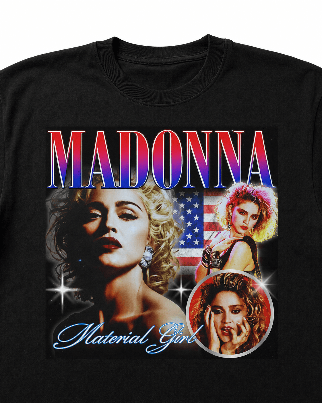 Madonna Unisex Oversized Graphic T-Shirt With Material Girl Red Blue Retro Y2K Design Close Up