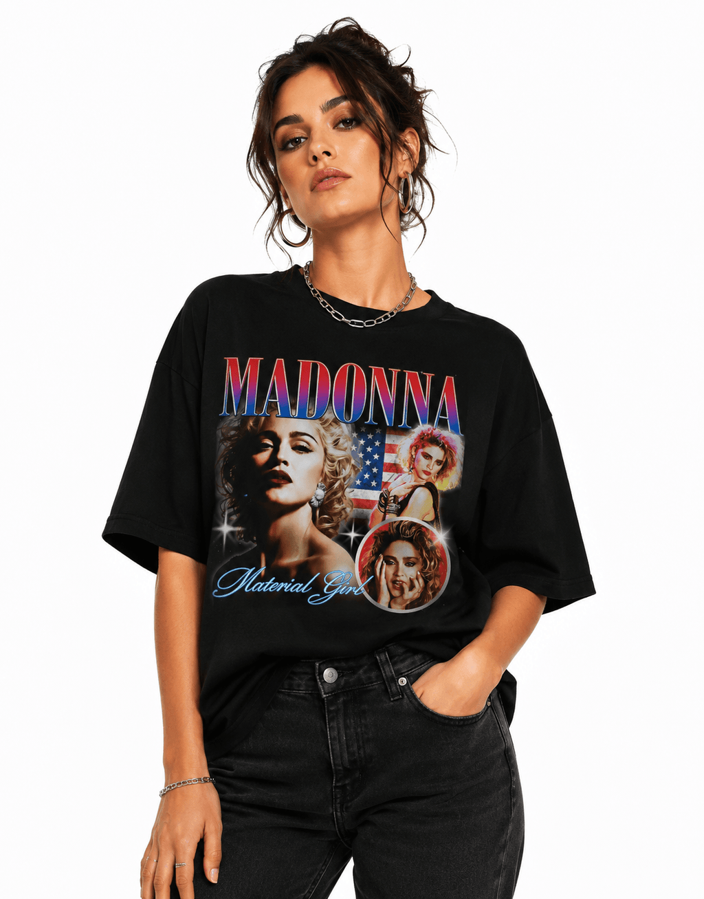 Madonna Unisex Oversized Graphic T-Shirt With Material Girl Red Blue Retro Y2K Design Female Model