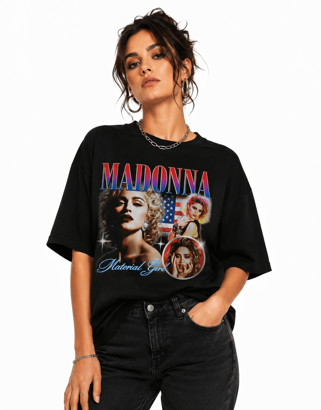 Madonna Unisex Oversized Graphic T-Shirt With Material Girl Red Blue Retro Y2K Design Female Model