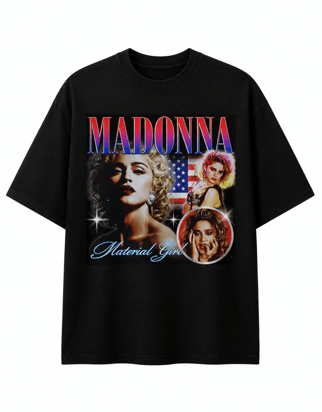 Madonna Unisex Oversized Graphic T-Shirt With Material Girl Red Blue Retro Y2K Design Front 