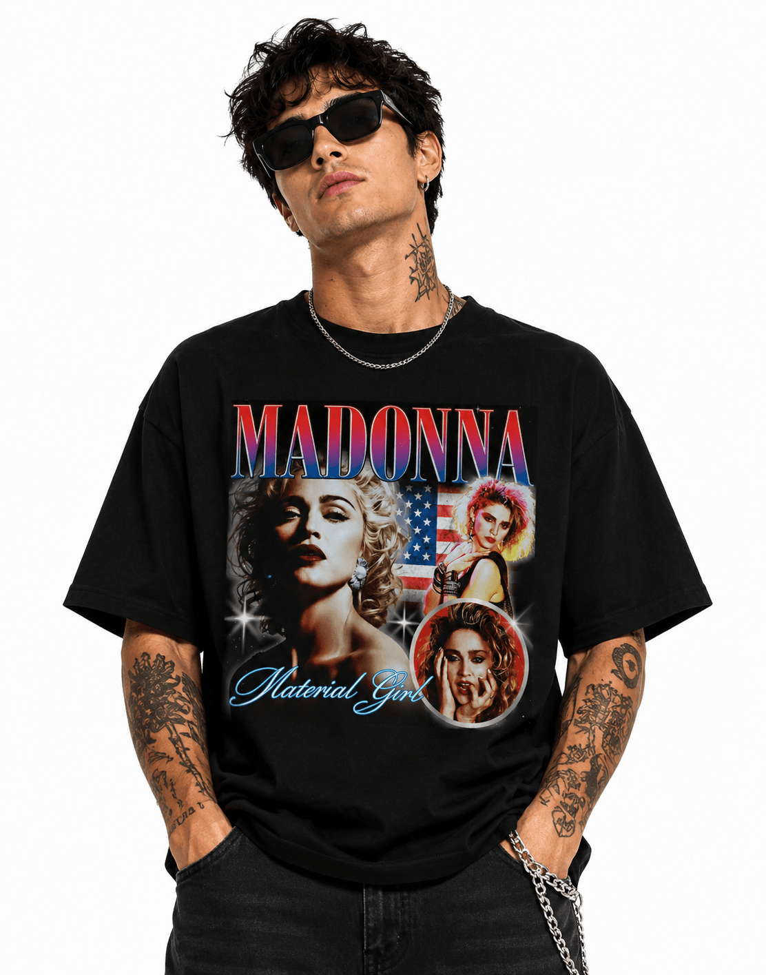 Madonna Unisex Oversized Graphic T-Shirt With Material Girl Red Blue Retro Y2K Design Male Model