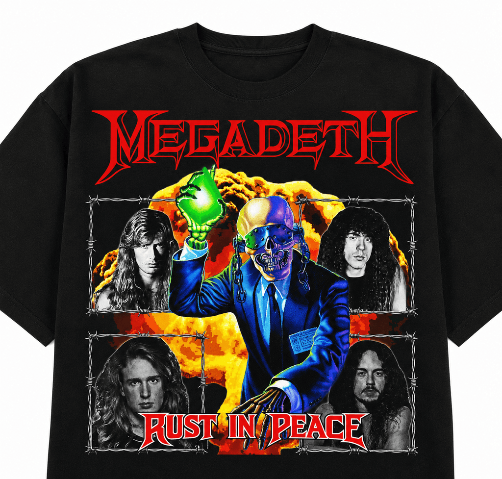Megadeth Unisex Oversized Graphic T-Shirt Nuclear Orange Vic Rattlehead Apocalypse Design Close Up