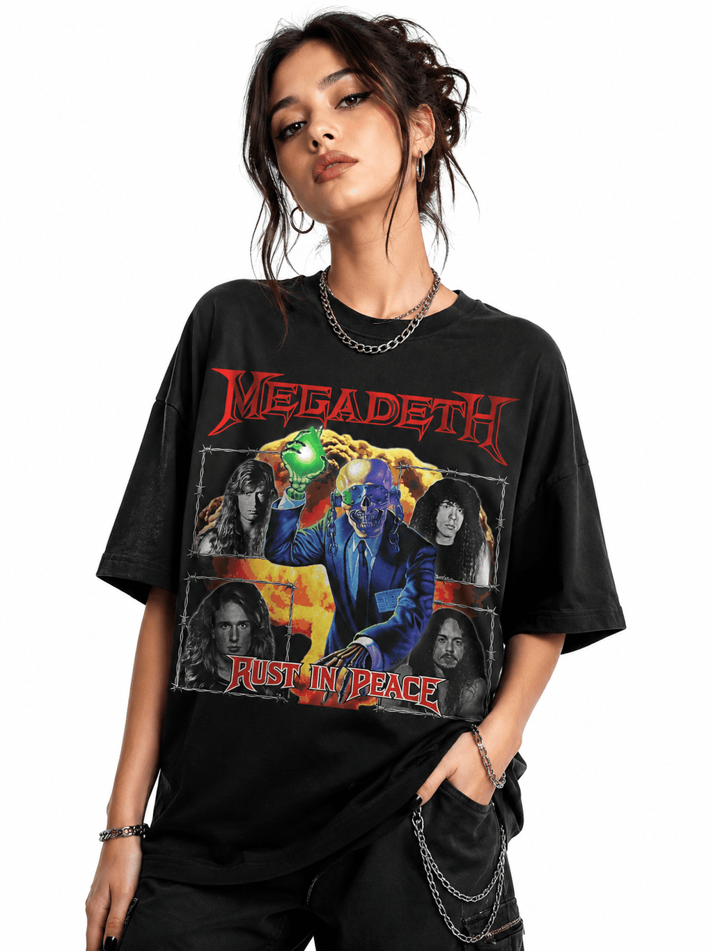 Megadeth Unisex Oversized Graphic T-Shirt Nuclear Orange Vic Rattlehead Apocalypse Design Female Model