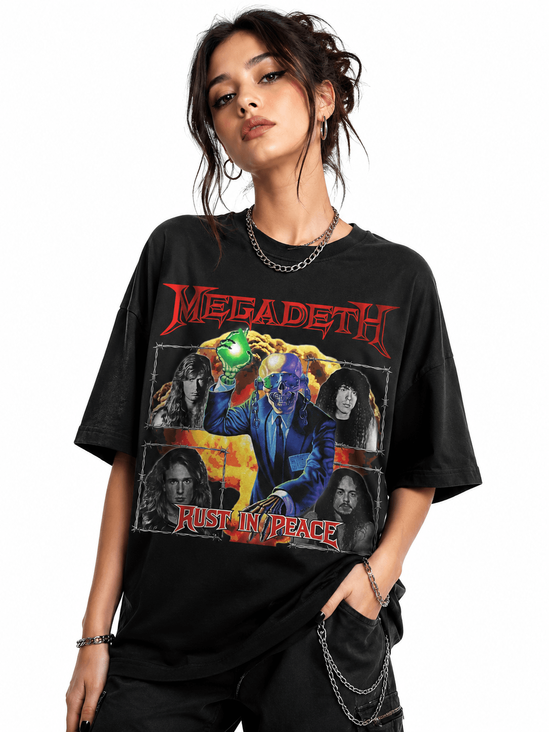 Megadeth Unisex Oversized Graphic T-Shirt Nuclear Orange Vic Rattlehead Apocalypse Design Female Model