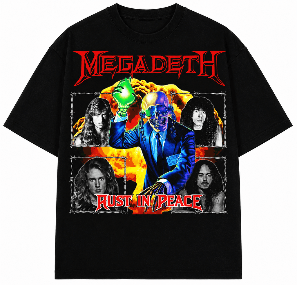 Megadeth Unisex Oversized Graphic T-Shirt Nuclear Orange Vic Rattlehead Apocalypse Design Front 