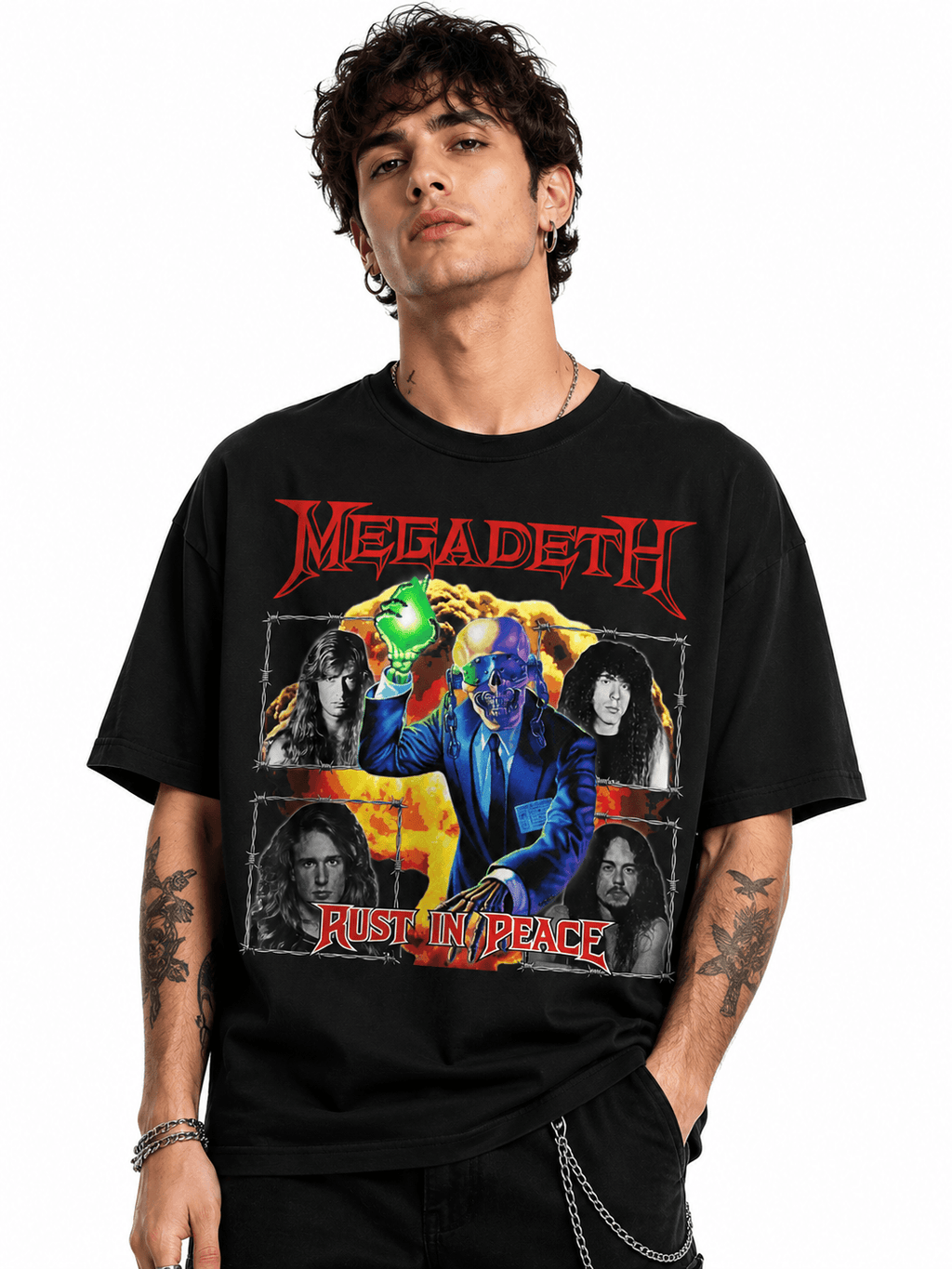 Megadeth Unisex Oversized Graphic T-Shirt Nuclear Orange Vic Rattlehead Apocalypse Design Male Model