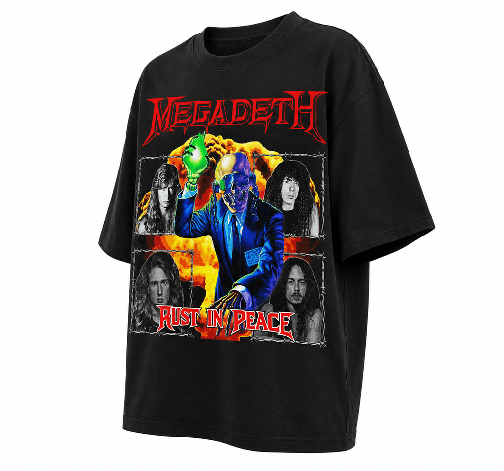 Megadeth Unisex Oversized Graphic T-Shirt Nuclear Orange Vic Rattlehead Apocalypse Design Side