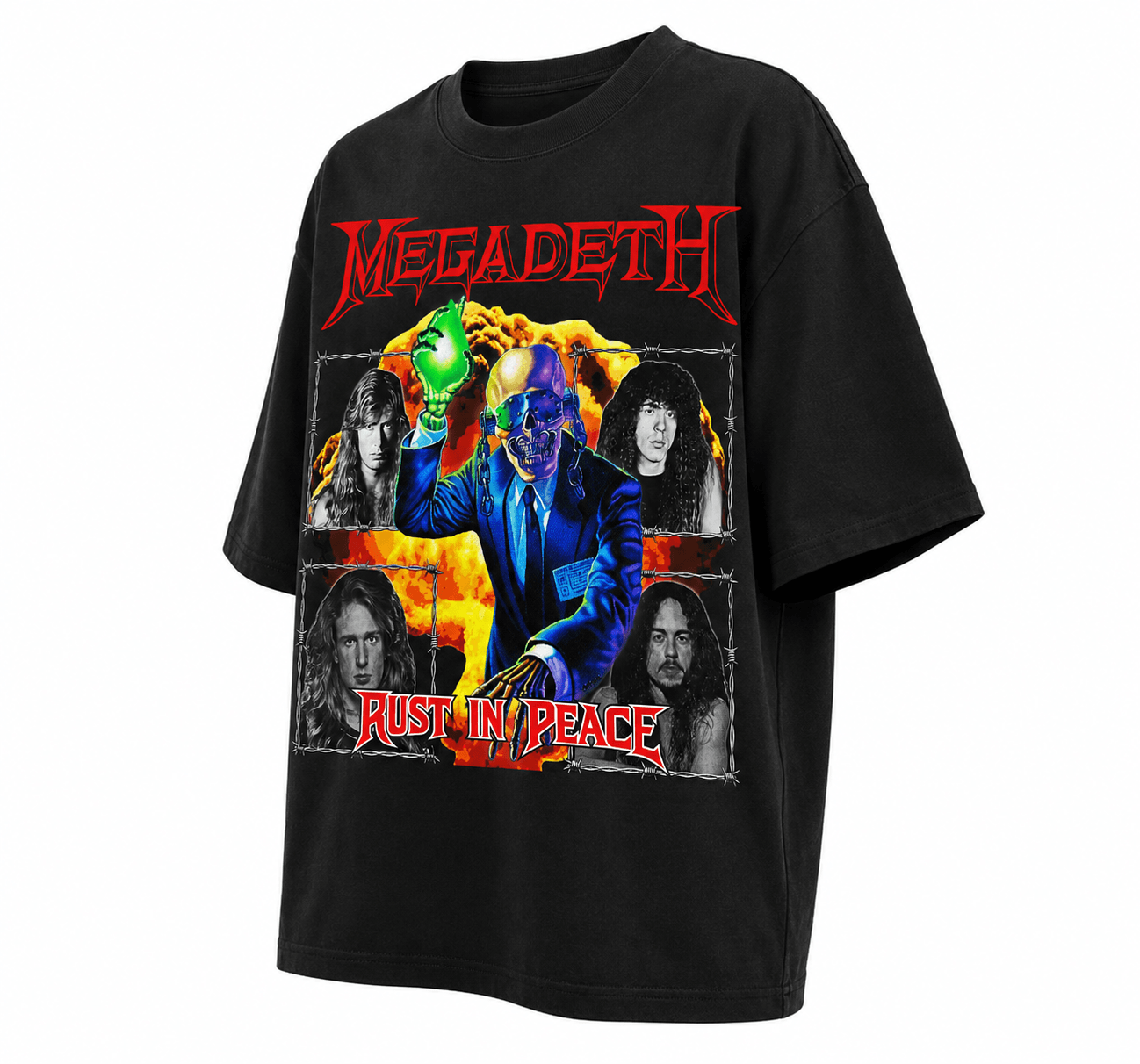 Megadeth Unisex Oversized Graphic T-Shirt Nuclear Orange Vic Rattlehead Apocalypse Design Side