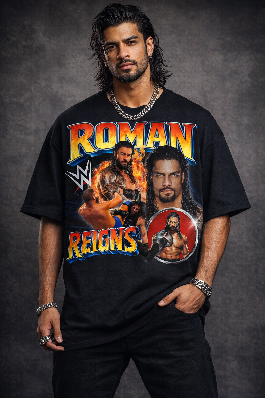 Roman Reigns Tribal Firestorm WWE Unisex Oversized Graphic T-Shirt styled for men with Wrestling power and Fire vibe.