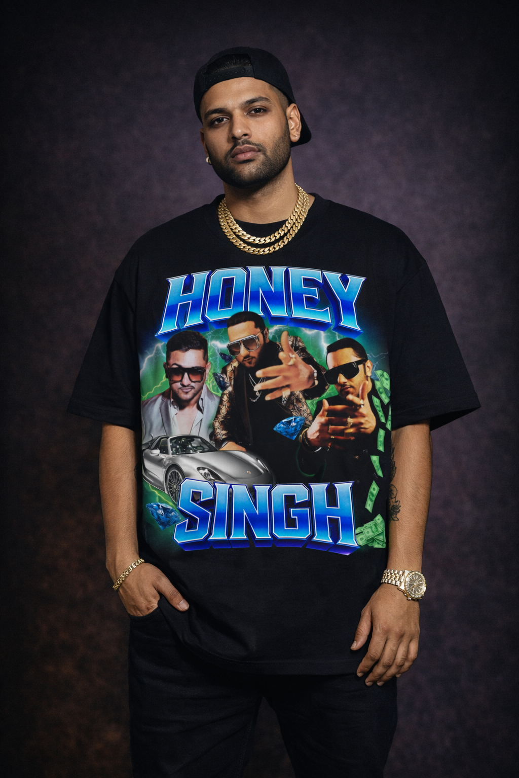 Men styling Yo Yo Honey Singh luxury streetwear t-shirt with bold energy, cash vibe and White Genie aesthetic.