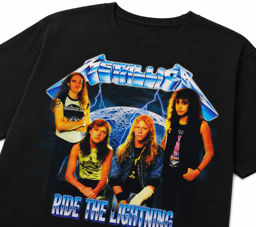 Metallica Ride The Lightning Unisex Oversized Graphic T-Shirt Black Electric Gothic Lettering Design Close-Up