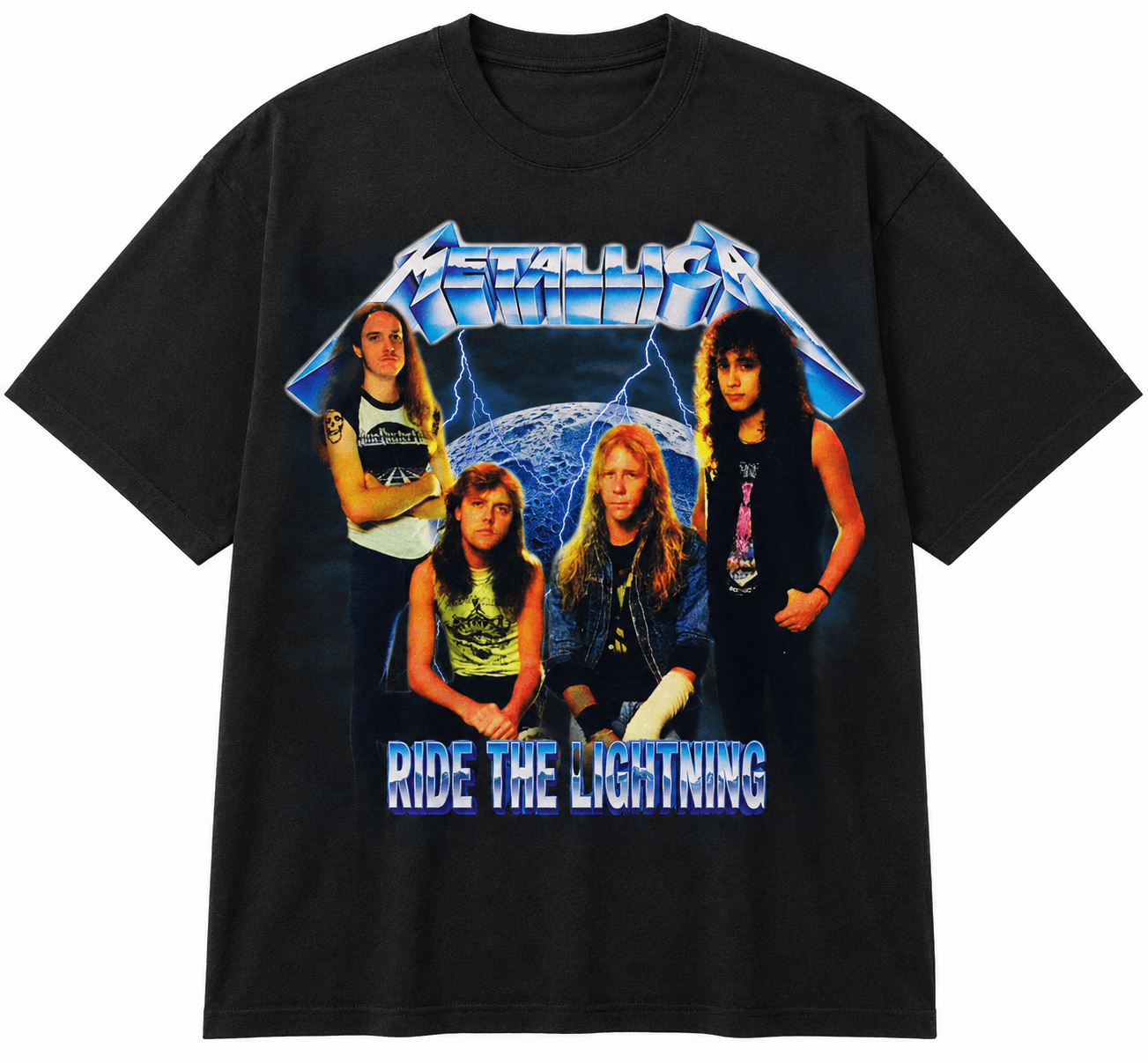 Metallica Ride The Lightning Unisex Oversized Graphic T-Shirt Black Electric Gothic Lettering Design Front