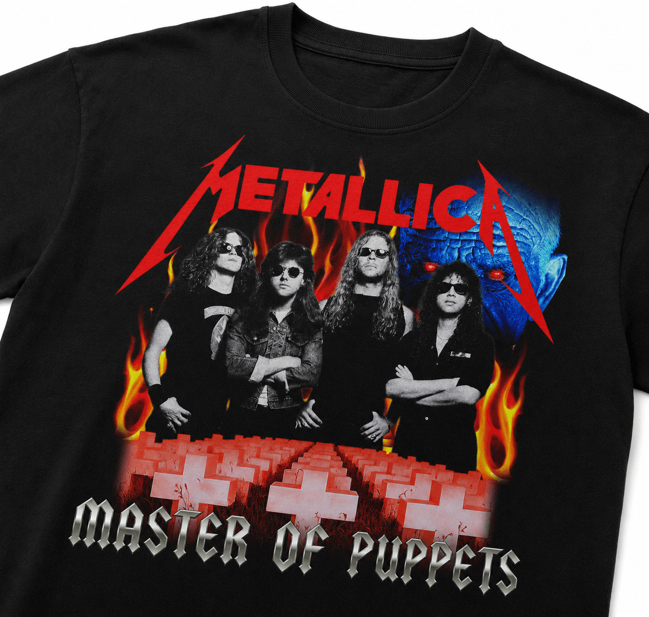 Metallica Unisex Oversized Graphic T-Shirt Infernal Red Graveyard Design Close-Up