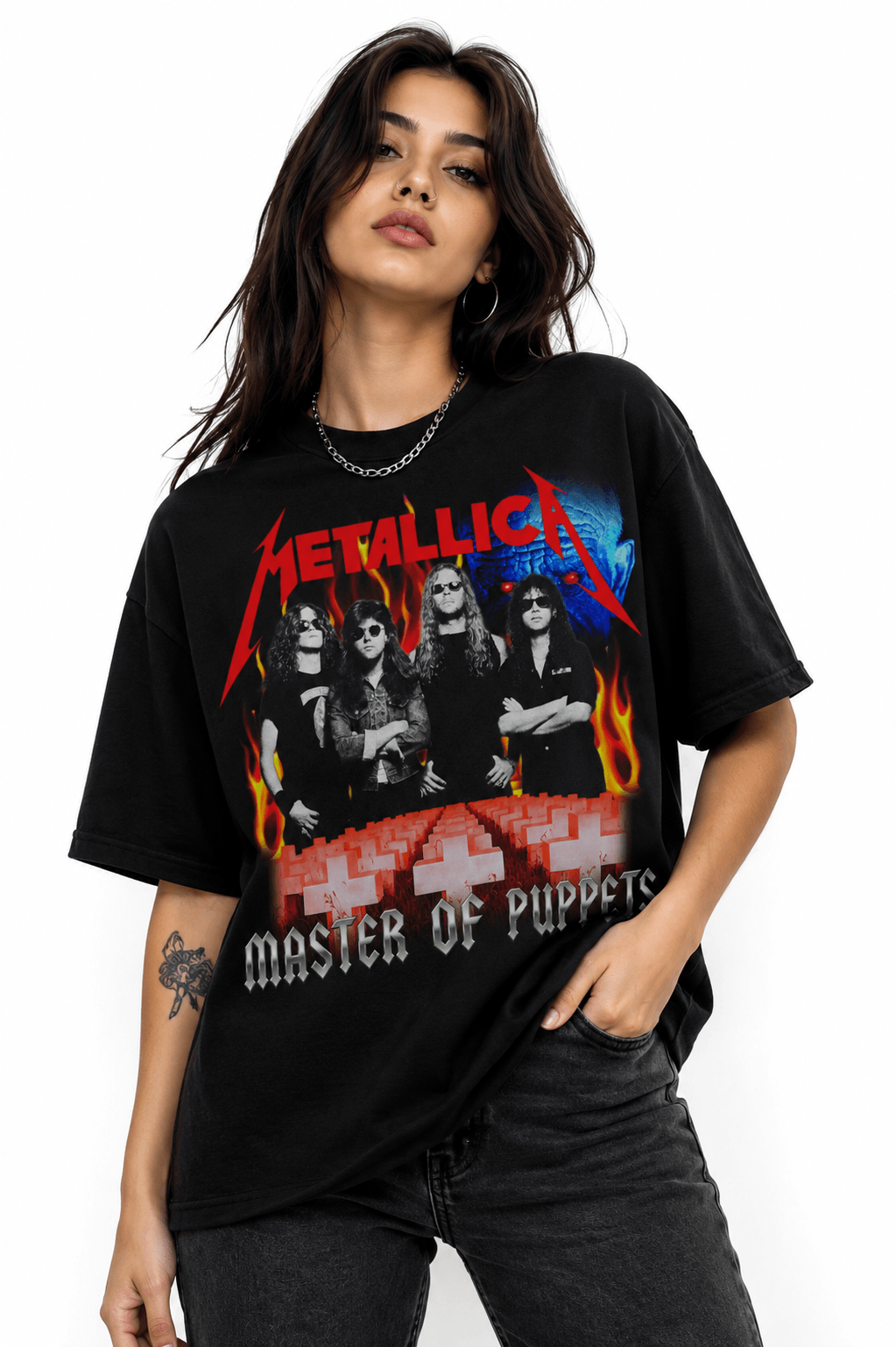 Metallica Unisex Oversized Graphic T-Shirt Infernal Red Graveyard Design Female Model