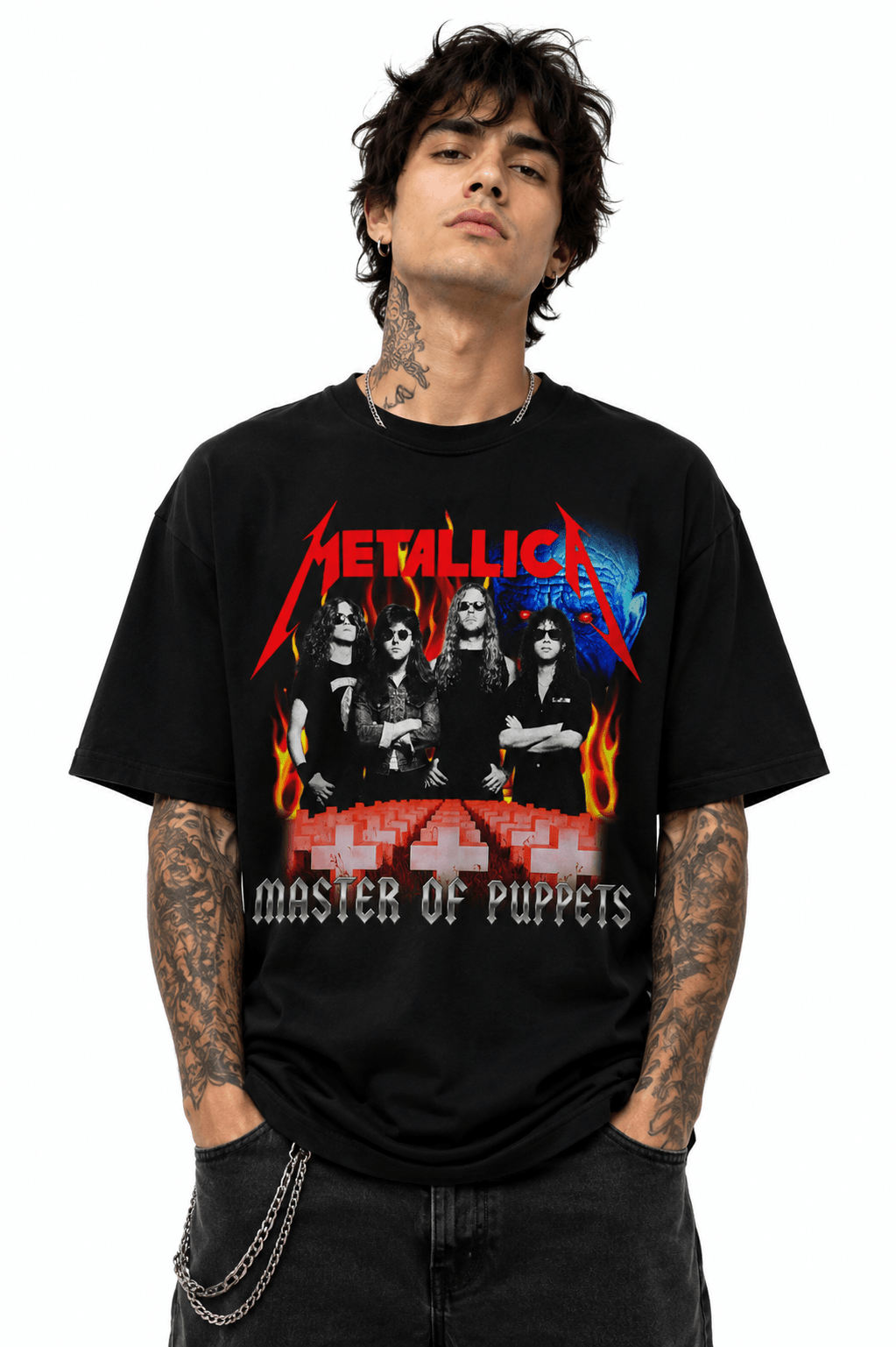 Metallica Unisex Oversized Graphic T-Shirt Infernal Red Graveyard Design Male Model