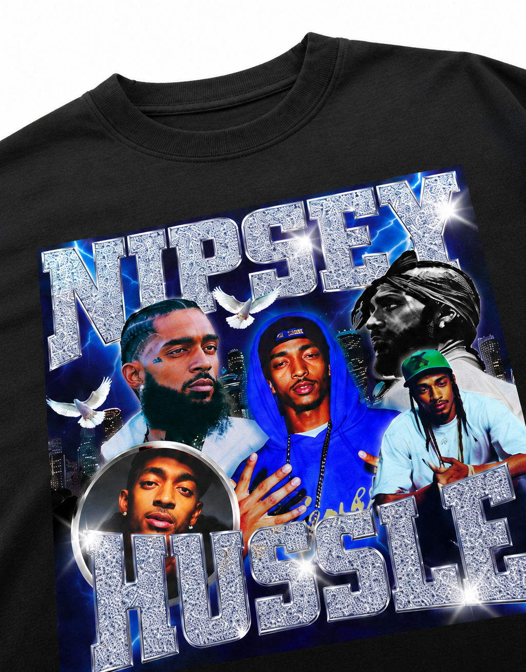 Nipsey Hustle Unisex Oversized Graphic T-Shirt With Iced Blue Memorial Collage Design 