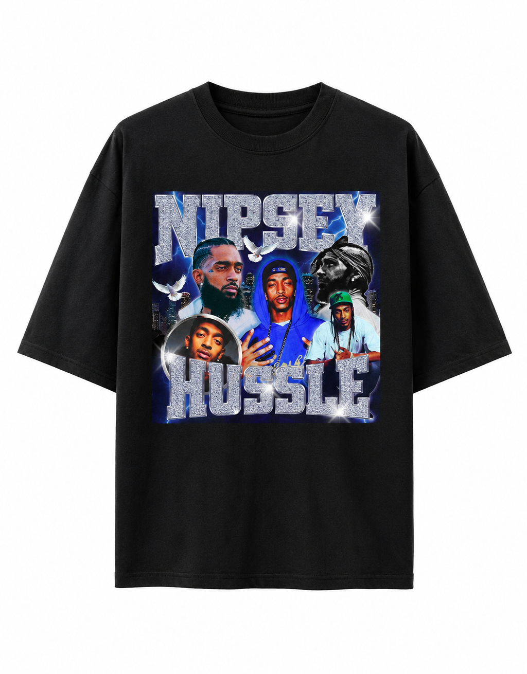 Nipsey Hustle Unisex Oversized Graphic T-Shirt With Iced Blue Memorial Collage Design 