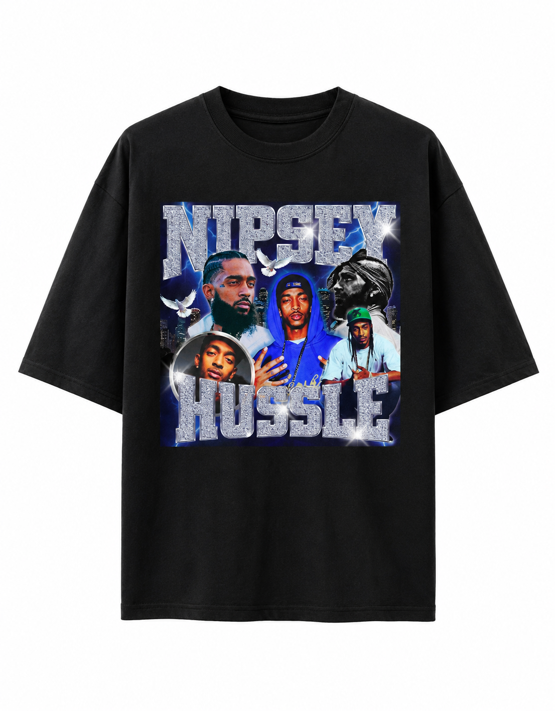 Nipsey Hustle Unisex Oversized Graphic T-Shirt With Iced Blue Memorial Collage Design 