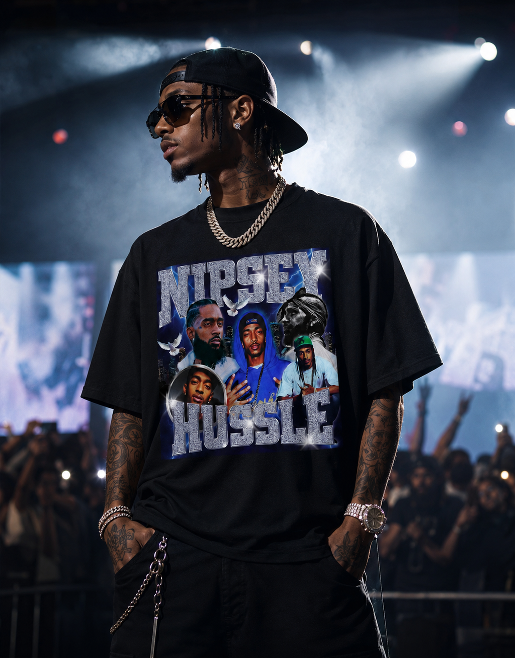 Nipsey Hustle Unisex Oversized Graphic T-Shirt With Iced Blue Memorial Collage Design 