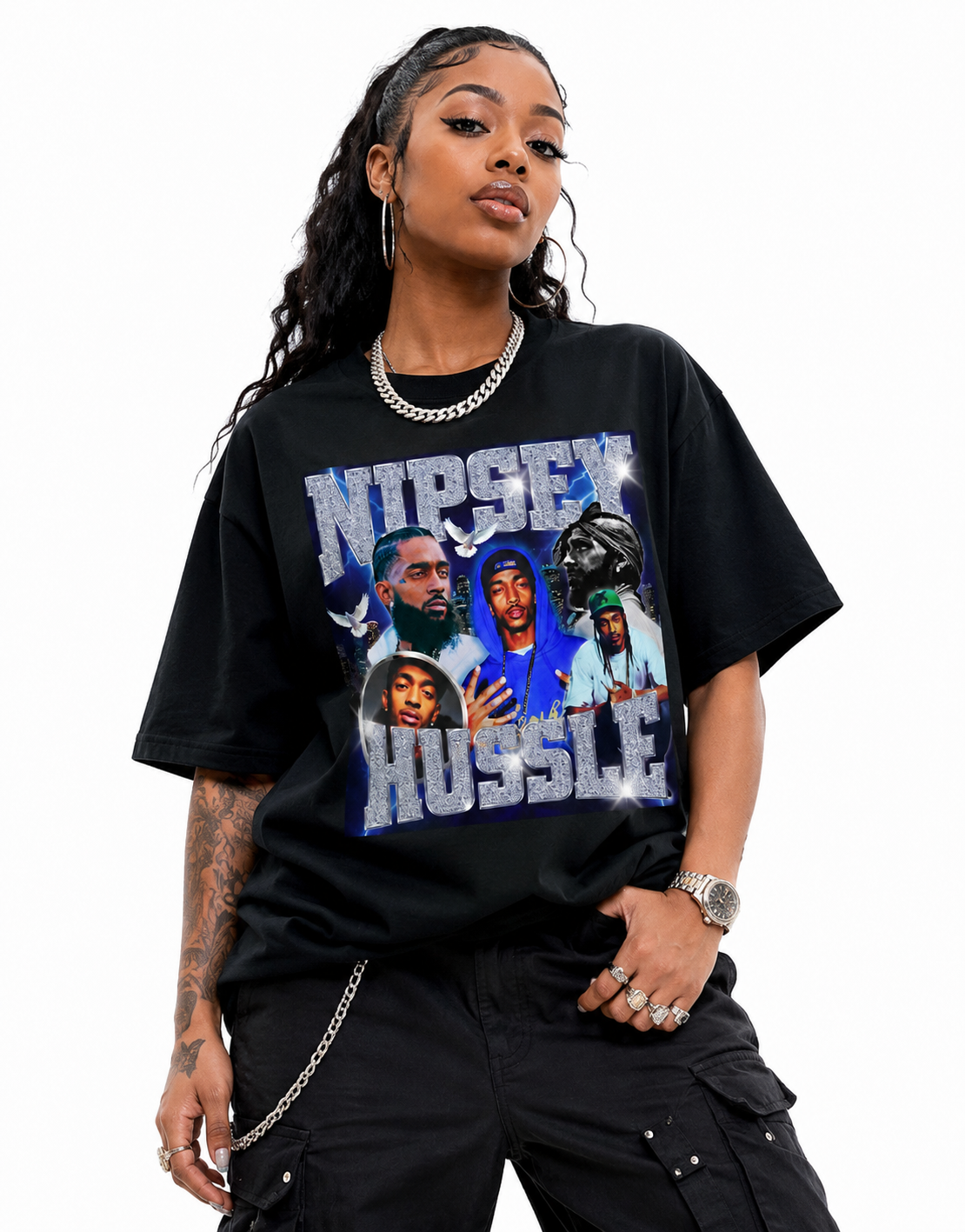 Nipsey Hustle Unisex Oversized Graphic T-Shirt With Iced Blue Memorial Collage Design 
