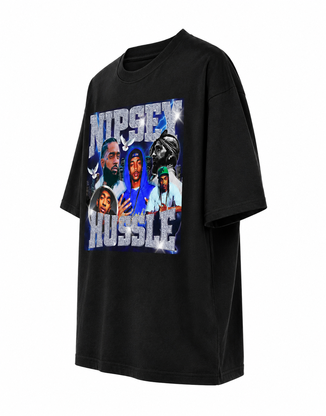 Nipsey Hustle Unisex Oversized Graphic T-Shirt With Iced Blue Memorial Collage Design 