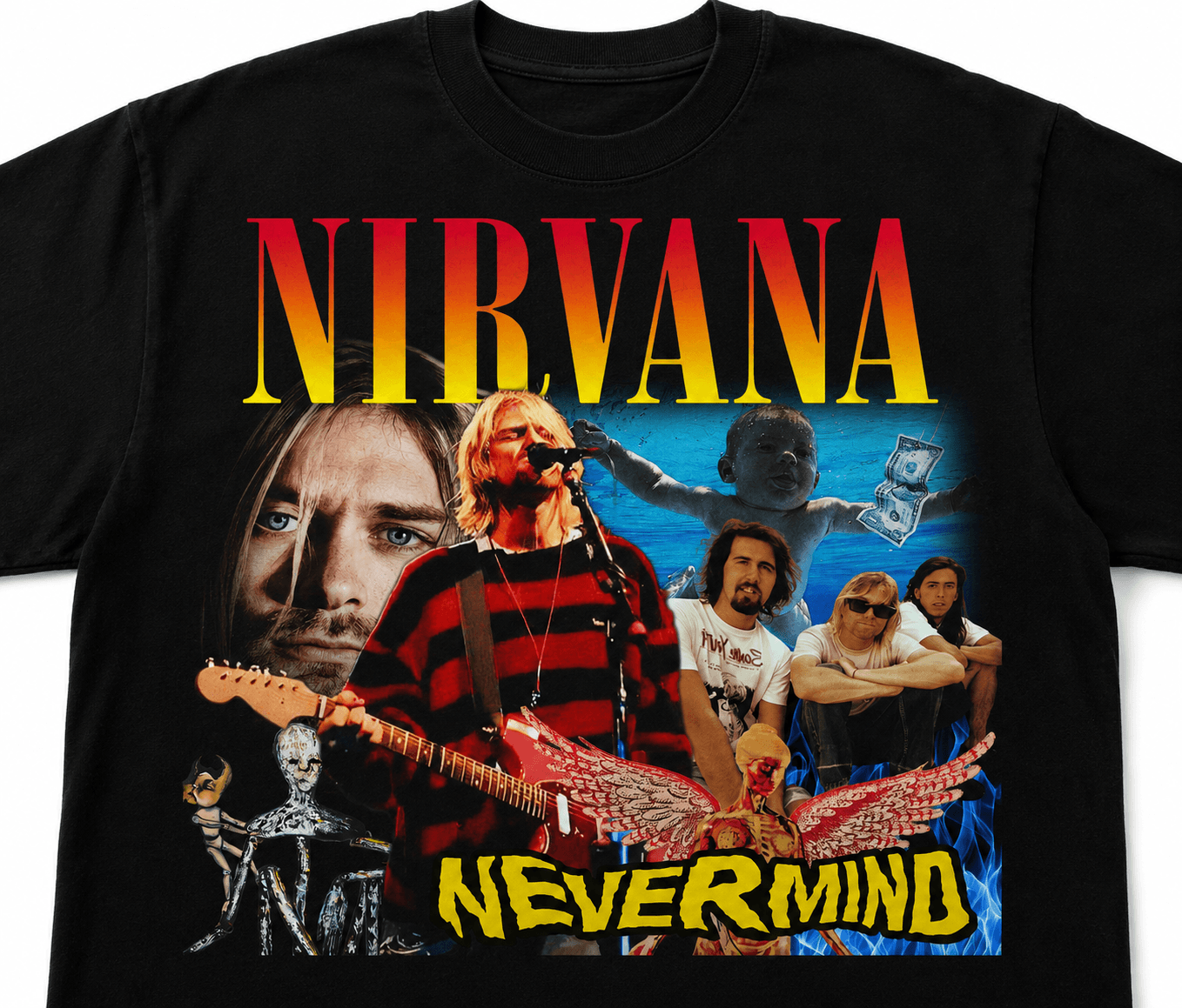 Nirvana Unisex Oversized Graphic T Shirt With Sunset Gold Vintage Collage Artwork Design Close Up