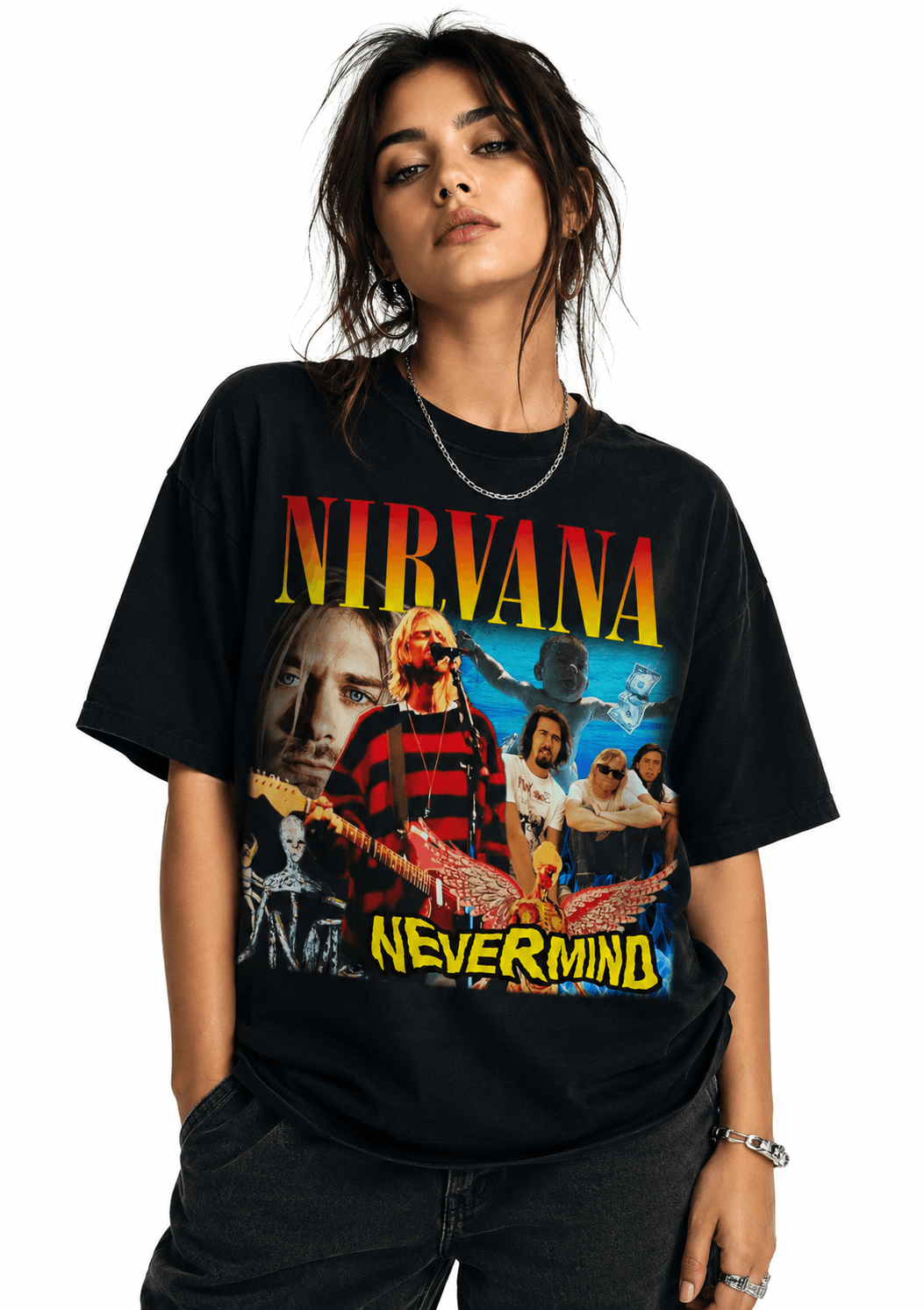 Nirvana Unisex Oversized Graphic T Shirt With Sunset Gold Vintage Collage Artwork Design Female Model